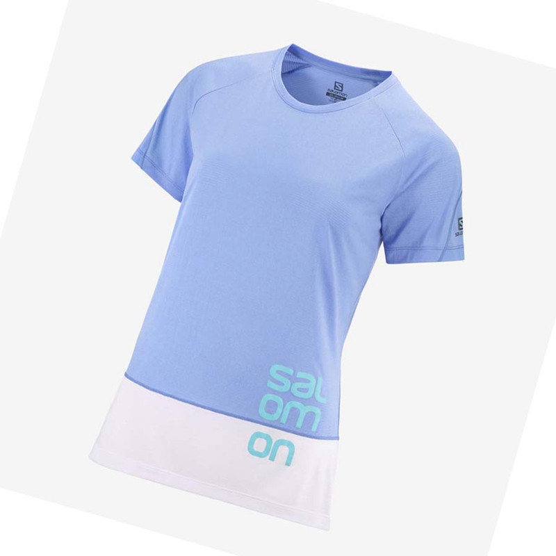 Women's Salomon CROSS RUN GRAPHIC T Shirts White / Blue | 16037-NOFZ